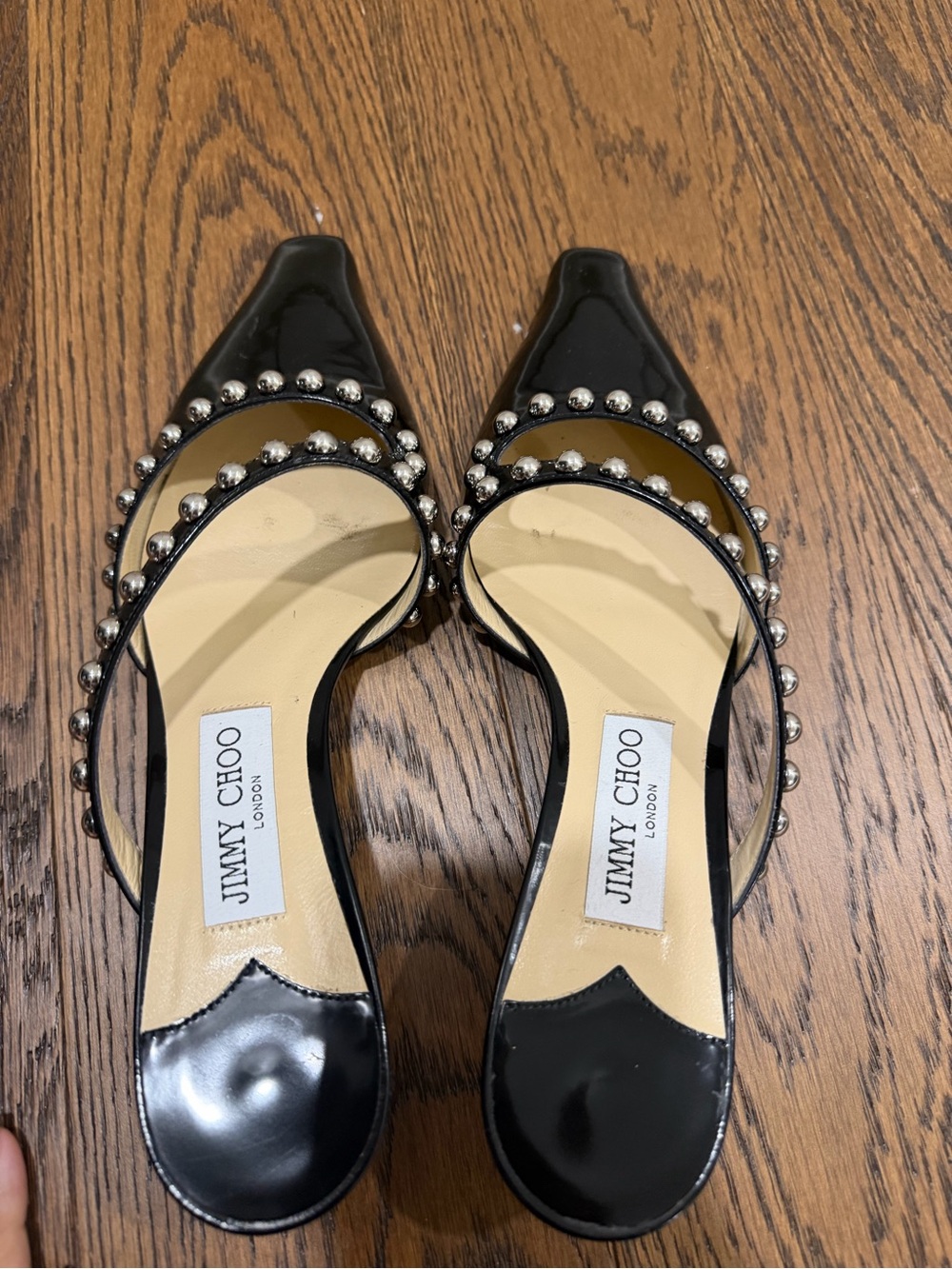 Jimmy Choo Black Patent Leather Pointed Studded Slingback Flats
